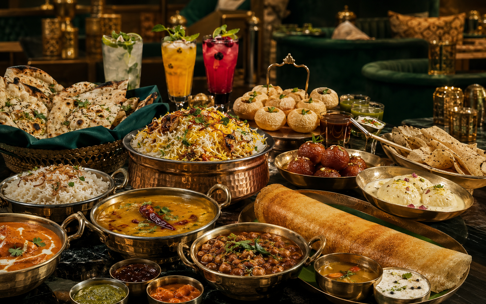 Colourful Indian curries, rice, naan and sides at Aura Indian Cuisine