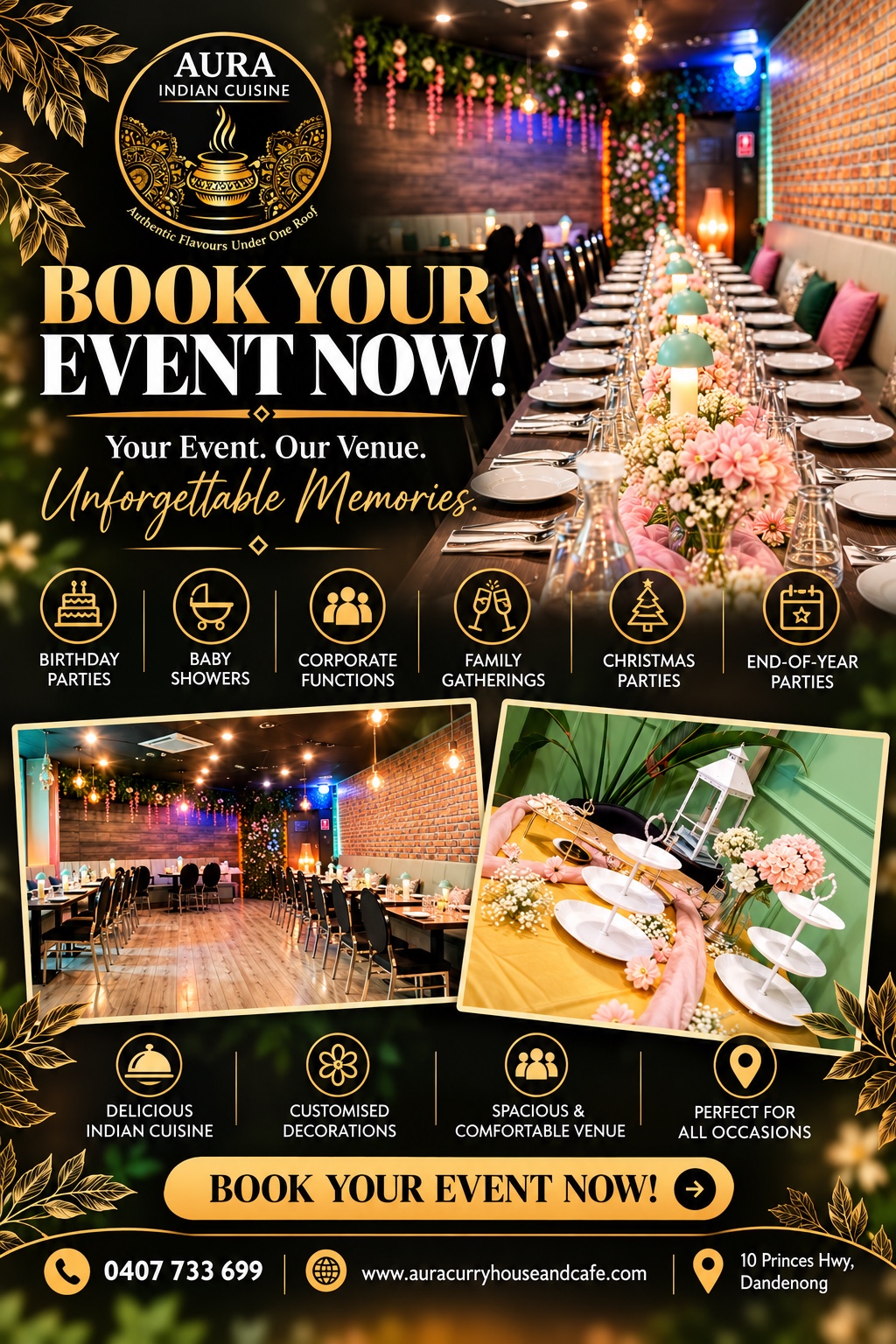 Book your event at Aura Indian Cuisine poster showing function options and venue decorations
